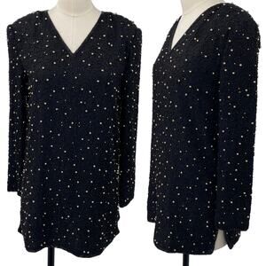 Vintage Scala Beaded Silk Blouse Top Long Sleeve V Neck Black Gold NEW Womens S